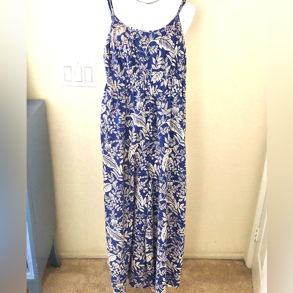 Cost Plus World Market Blue and White Floral Jumpsuit